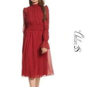 CHELSEA28 Ruffle Midi LOng Sleeve Red Jester Dress